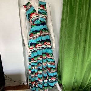 Vintage 1970 Kitty Maxi Dress tie back blue red green vintage sz Small/med
